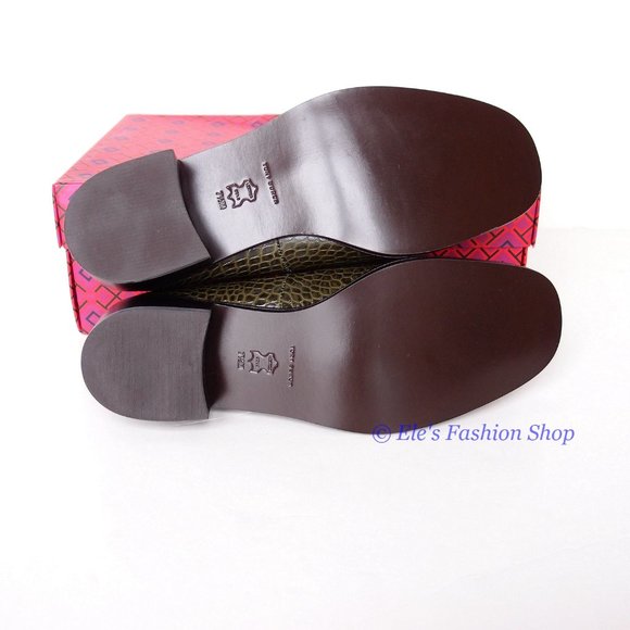 NIB Tory Burch Eleanor Heeled Loafer Croc Embossed Leather Leccio Green US7.5 - Picture 13 of 13